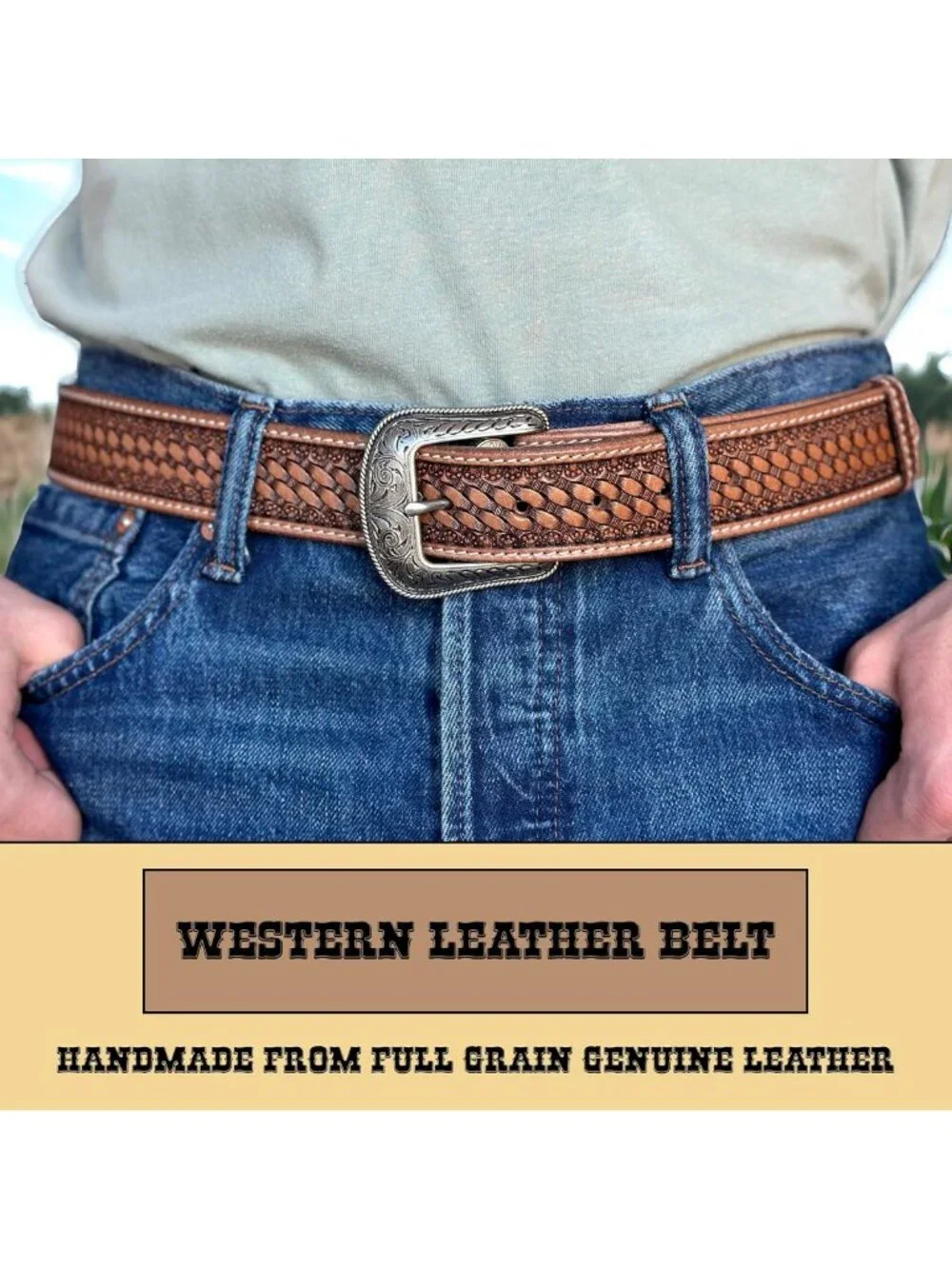 Handmade Full Grain Leather Western Belt for Men, Engraved Tooled Buckle, 1.5
